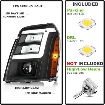 ACANII - For [HID/Xenon Model] 2007-2014 Cadillac Escalade Black Housing LED Tube DRL Projector Headlights Headlamps Set