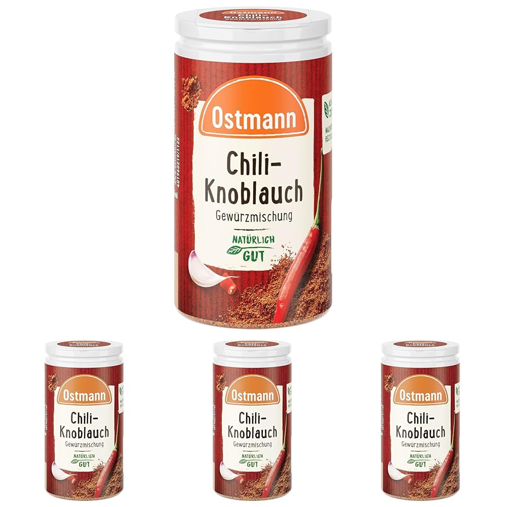 Ostmann Gewürze - Chili und Knoblauch Gewürzzubereitung | Würzig-pikanter Geschmack für Fleischgerichte | 40 g in der Streudose (Packung mit 4)