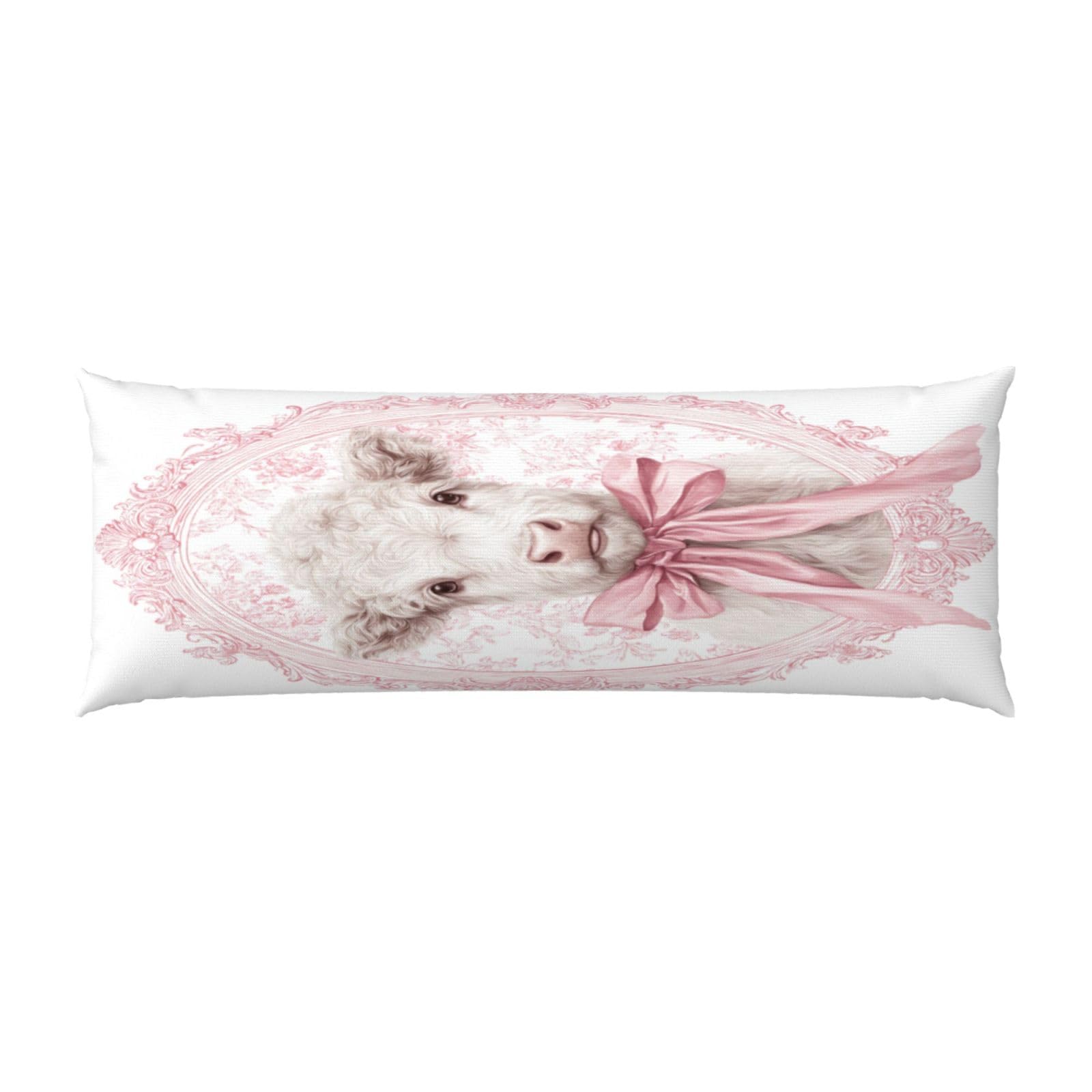 Highland Cow With Pink Ribbon Bow Coquette Aesthetic Body Pillow Cover With Zipper Closure, Cozy Fuzzy Long Fleece Pillowcase Cover 20 X 54 Inches