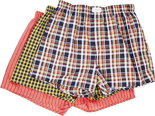 Tommy Hilfiger Men's Underwear 3 Pack Cotton Classics Woven Boxers, Orange/Blue Plaid/Orange Stripe/Yellow Plaid, Large Tommy Hilfiger Men's Underwear 3 Pack Cotton Classics Woven Boxers, Orange/Blue Plaid/Orange Stripe/Yellow Plaid, Large