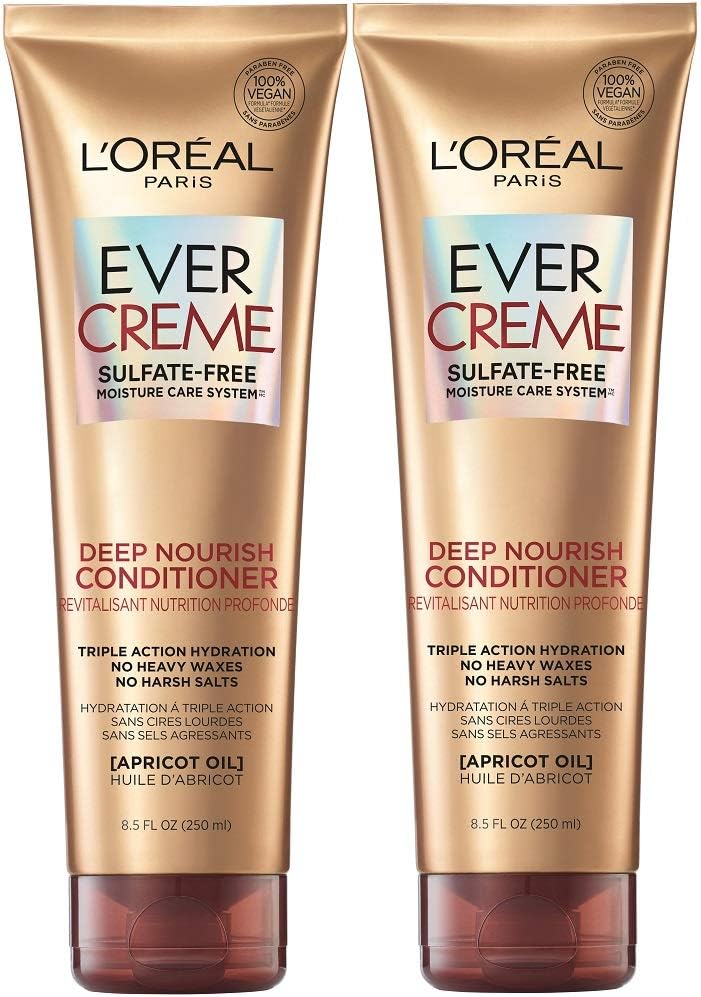 L’Oréal Paris L'Oreal EverCreme Sulfate Free Conditioner for Dry Hair, Triple Action Hydration for Dry, Brittle or Color Treated Hair, with Apricot Oil, 8.5 Fl; Oz (Pack of 2) (Packaging May Vary)