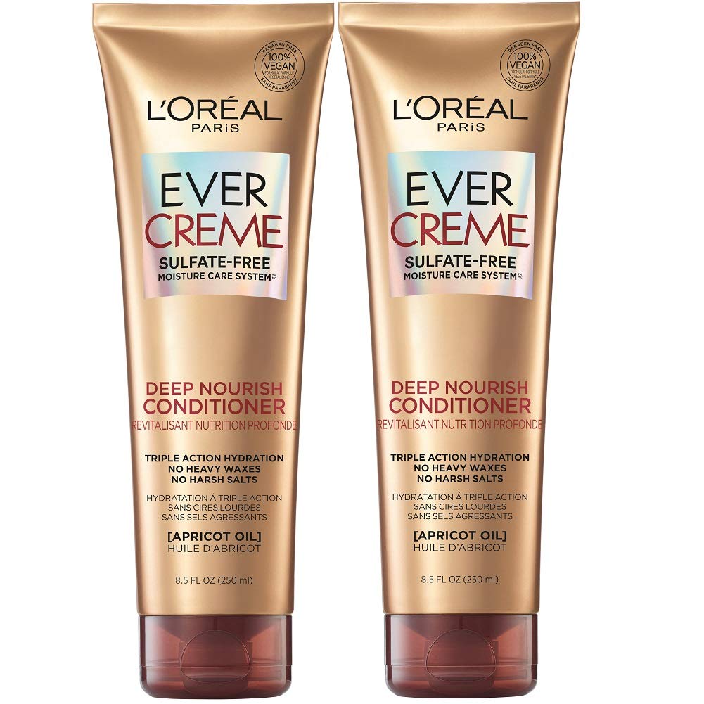 L’Oréal Paris EverCreme Sulfate Free Conditioner for Dry Hair, Triple Action Hydration for Dry, Brittle or Color Treated Hair, with Apricot Oil, 8.5 Fl; Oz (Pack of 2) (Packaging May Vary)