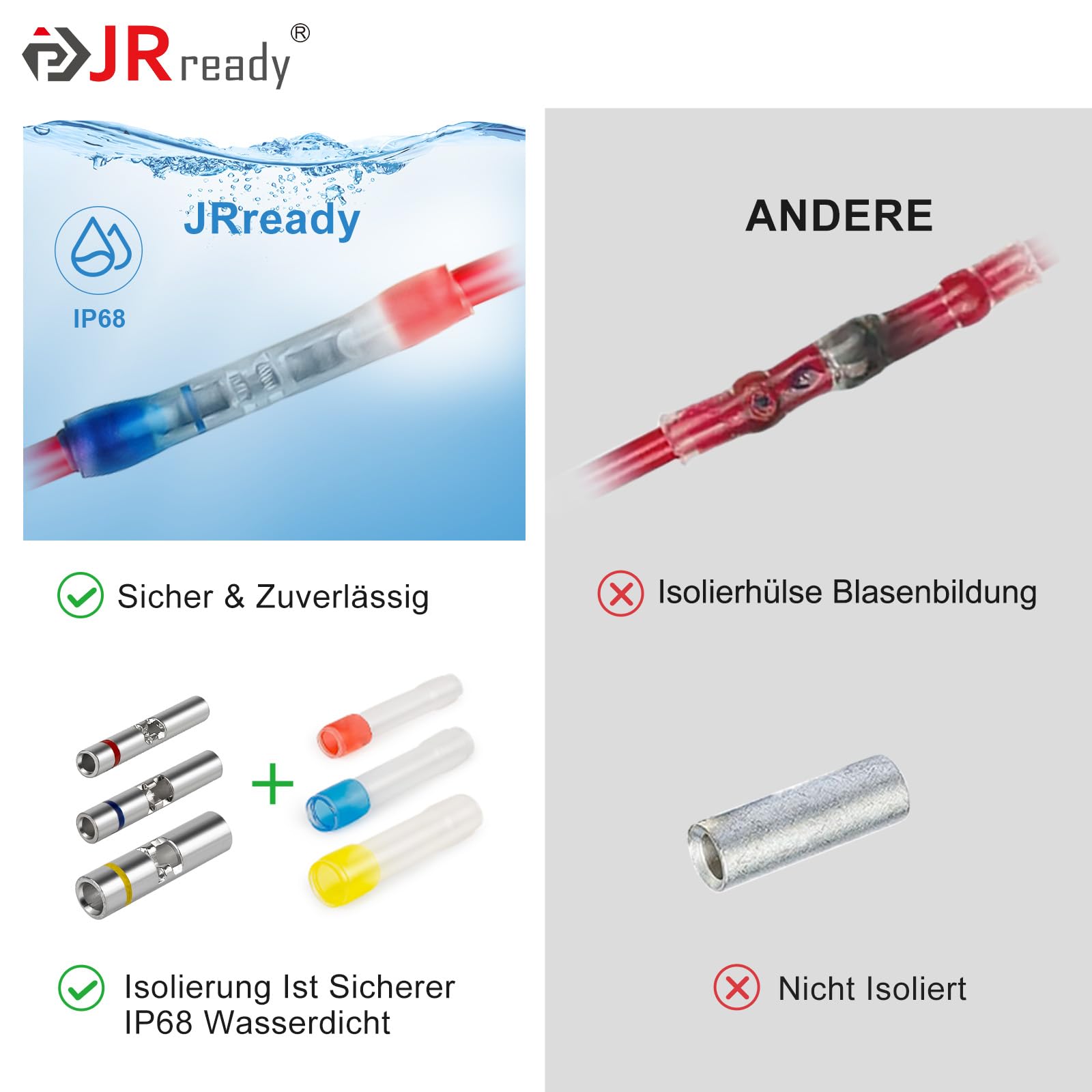 JRready ST2174 Quetschverbinder Set (M81824/1 Äquivalent), 26-12 AWG (0,14-4,0mm²) Wasserdicht IP68 Schrumpfverbinder Stoßverbinder Sortiment, mit Crimpzange Set ACT-232 (M22520/37-01), 91-teilig