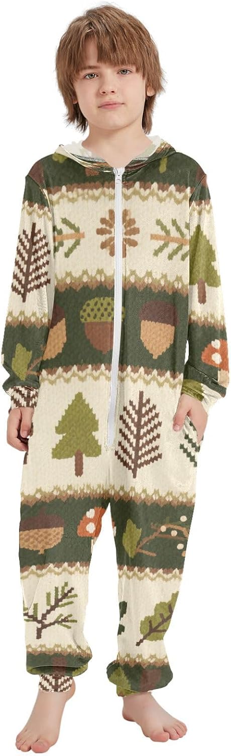 Safari Fox Green BrownUnisex OnesieSoft Cozy Hooded Sleepwear Holiday Loungewearfor Parties Sleepovers
