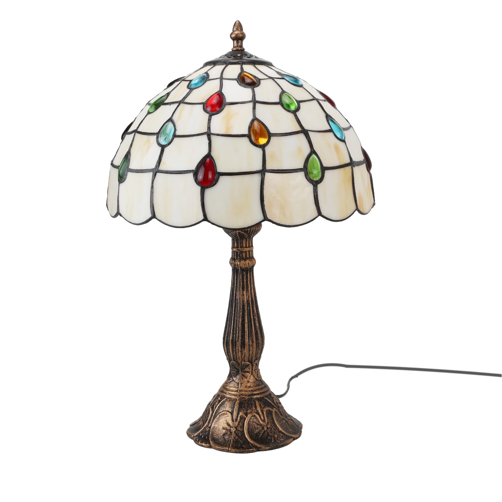 Alpinaluz Lámpara de Mesa Estilo Tiffany Vintage para Dormitorio y Cabecera con Pantalla Artesanal de Cristal Blanco y Base Metálica en Latón Bronce, Casquillo E27, Interior, Sin Bombilla