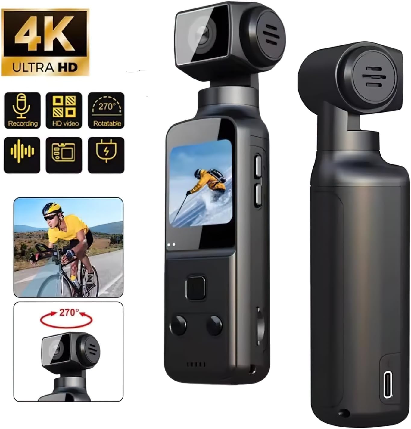 4K Handheld Gimbal Camera with WiFi, 270° Wide-Angle Lens, Sports Action Camera with Built-in Display, Portable Video Recorder for Cycling and Outdoor Activities