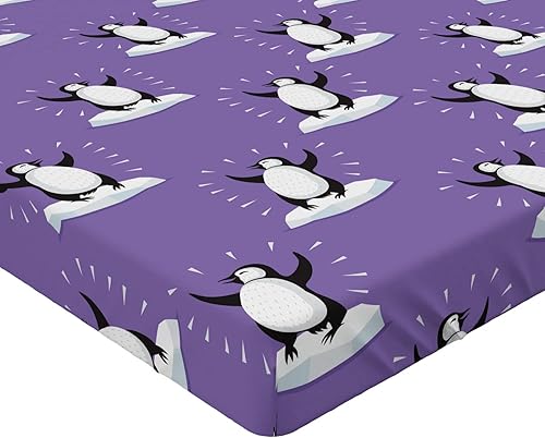 Miniatura 3 de Lunarable Cartoon Fitted Sheet Set, Arctic Vibe Funny Penguin Sketches Dancing on Iceberg Print Artwork, Bed Cover with All-Round Elastic Deep