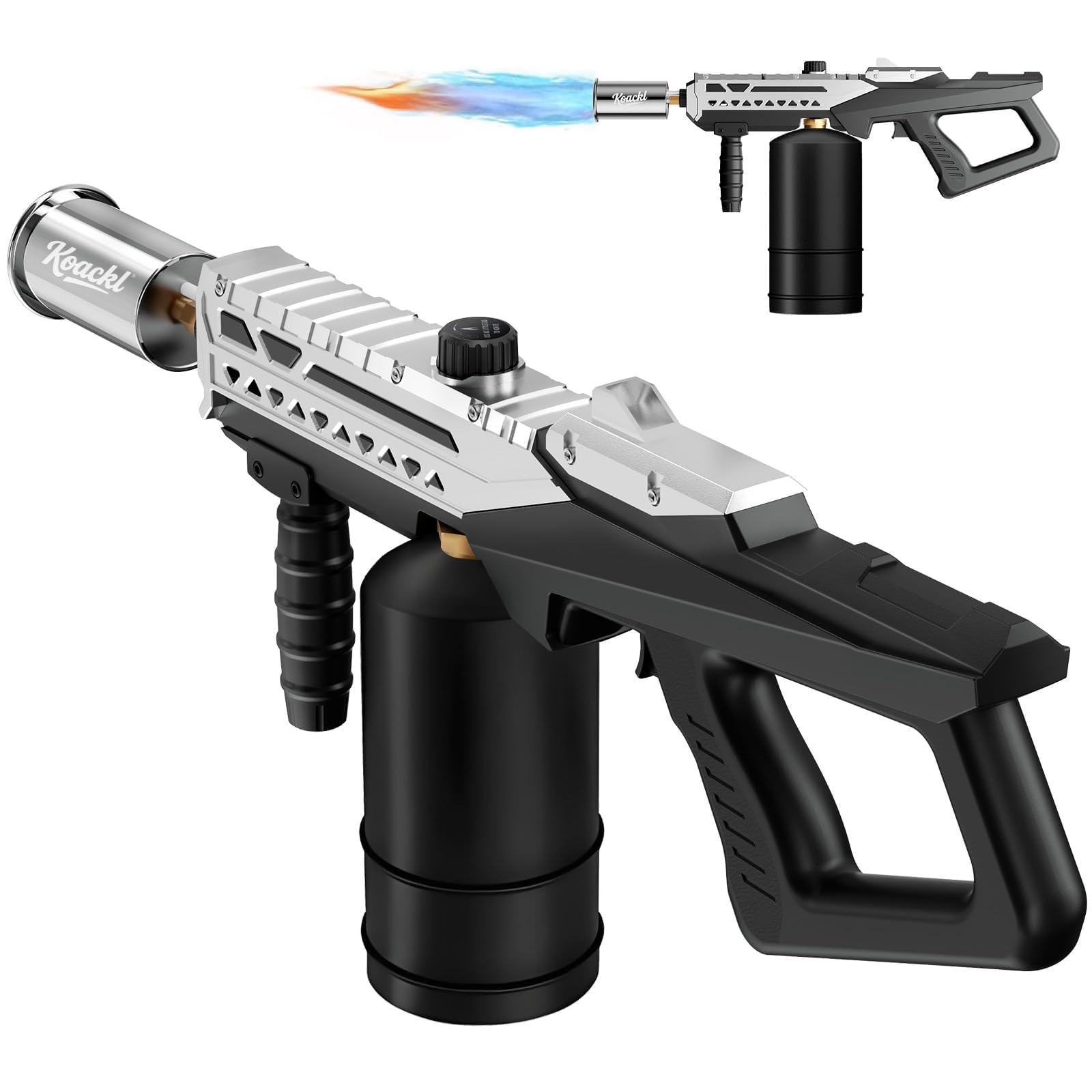 Powerful Propane Torch Gun, Kitchen Torch with Adjustable Flame, Flamethrower Blow Torch Gun, Gas Welding Kits for BBQ, Searing Steak, Camping & Charcoal Torch Lighter(Tank Not Included) Silver&black