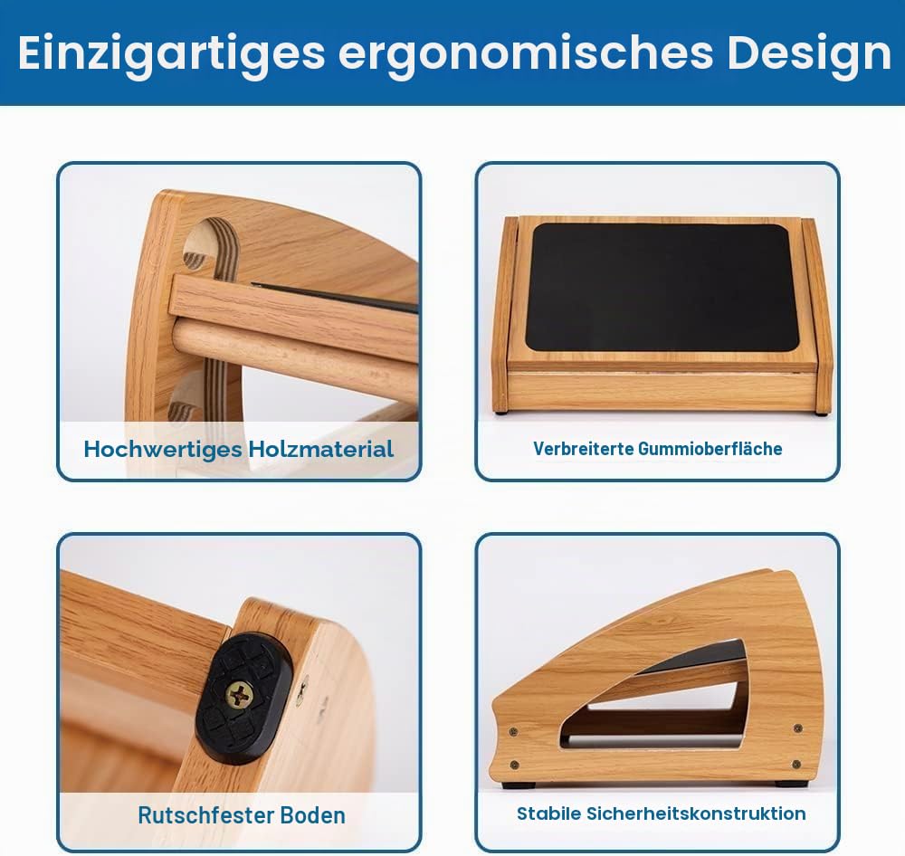 StrongTek Ergonomische Untertisch-Fußstütze, 3 verstellbare Höhen, Holz-Büro-Fußstütze, große Anti-Rutsch-Oberfläche, verbessert die Haltung und Durchblutung, bis zu 180 kg (Natur)