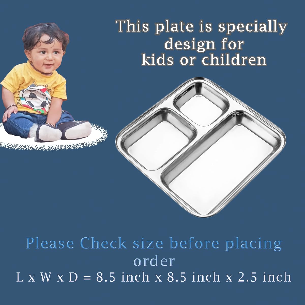 Pack of 6 Stainless Steel Dinner Plates with Compartment for Kids, Divided/Partition Plates, Lunch Dinner Breakfast Tiffin Plate (Small 3-in-1 Dinner Plates - Pack of 6 - Square) — Amazon image 3