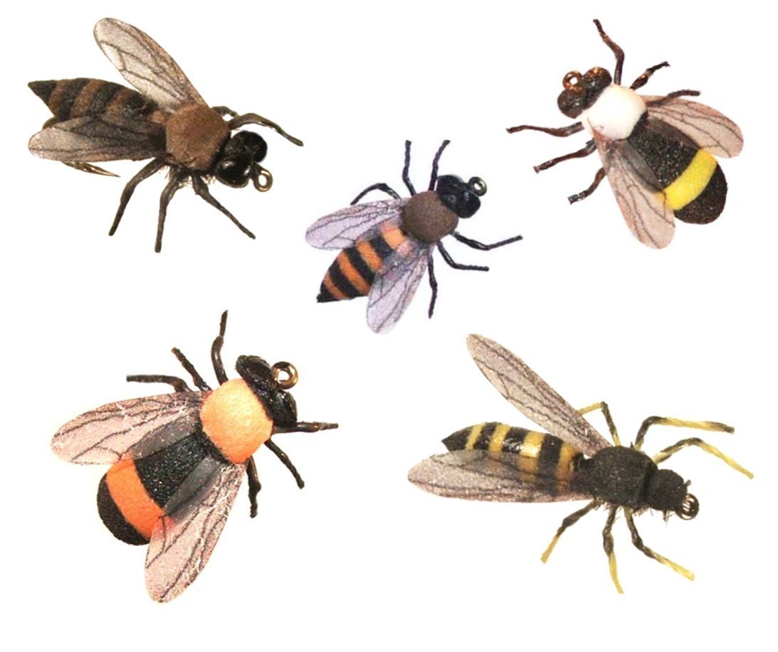 PinbWD Synth Bee & Wasp Flies, 5-Pack (Yellow Jacket, Honey Bee, Orange Honey Bee, Bumble Bee & Orange Bumble Bee) - Synthetic Fly Fishing Flies 12