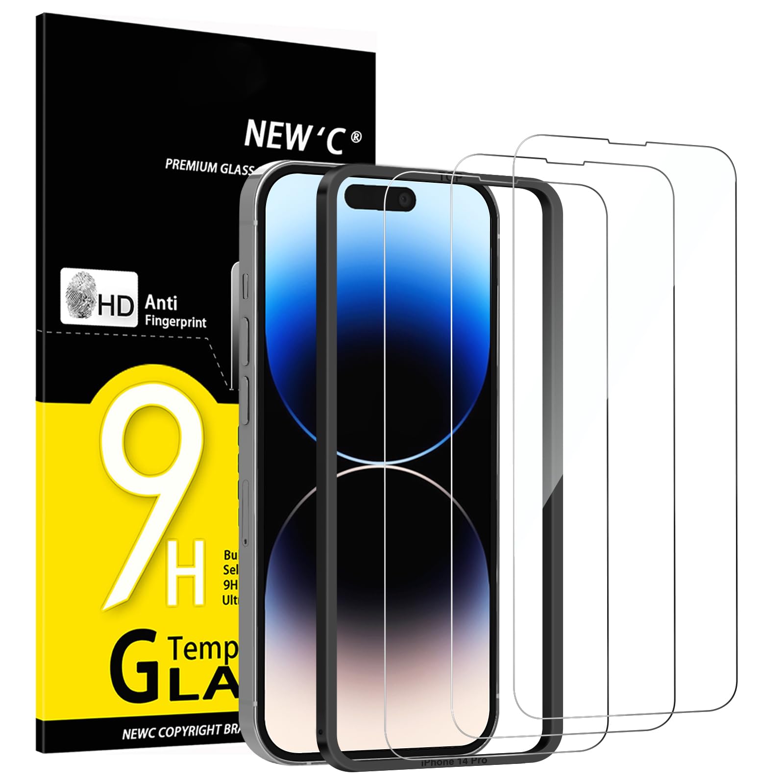 NEW'C 3 Pack Designed for iPhone 14 Pro Screen Protector (6.1 inches), Enhanced Tempered Glass Protection with easy installation tool included,Case Friendly Ultra Resistant