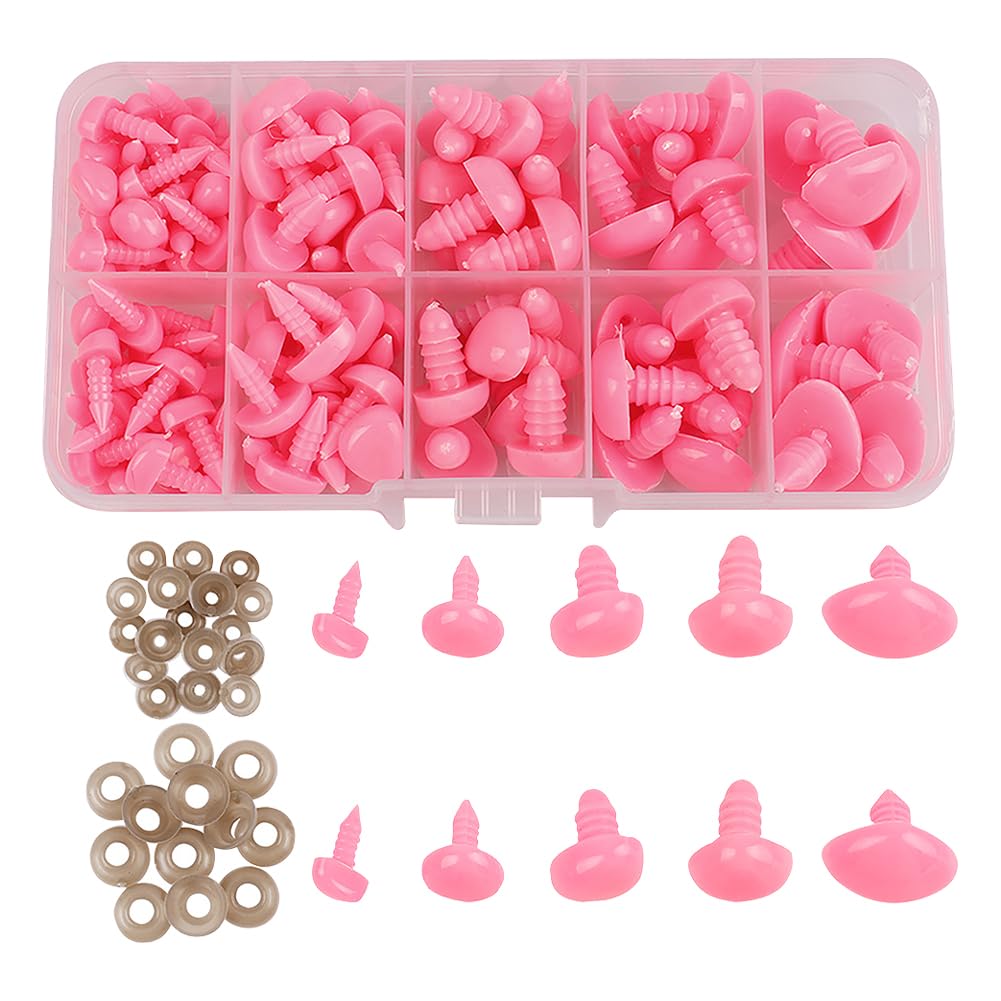 Hugede Pink 106 Pcs 5 Sizes Plastic Safety Noses Small Teddy Bear Noses Stuffed Animals Noses Crochet Craft Noses Cute Doll Noses With Washers For Plush Animals