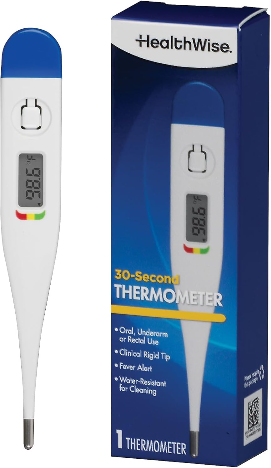 Healthwise Digital Thermometer | 30-Second Readout | Feverline Indicator | Clinical Rigid Tip | Hygienic Water-Resistant Easy Cleaning | Storage Case + Probe Covers Included Healthwise Digital Thermometer | 30-Second Readout | Feverline Indicator | Clinical Rigid Tip | Hygienic Water-Resistant Easy Cleaning | Storage Case + Probe Covers Included