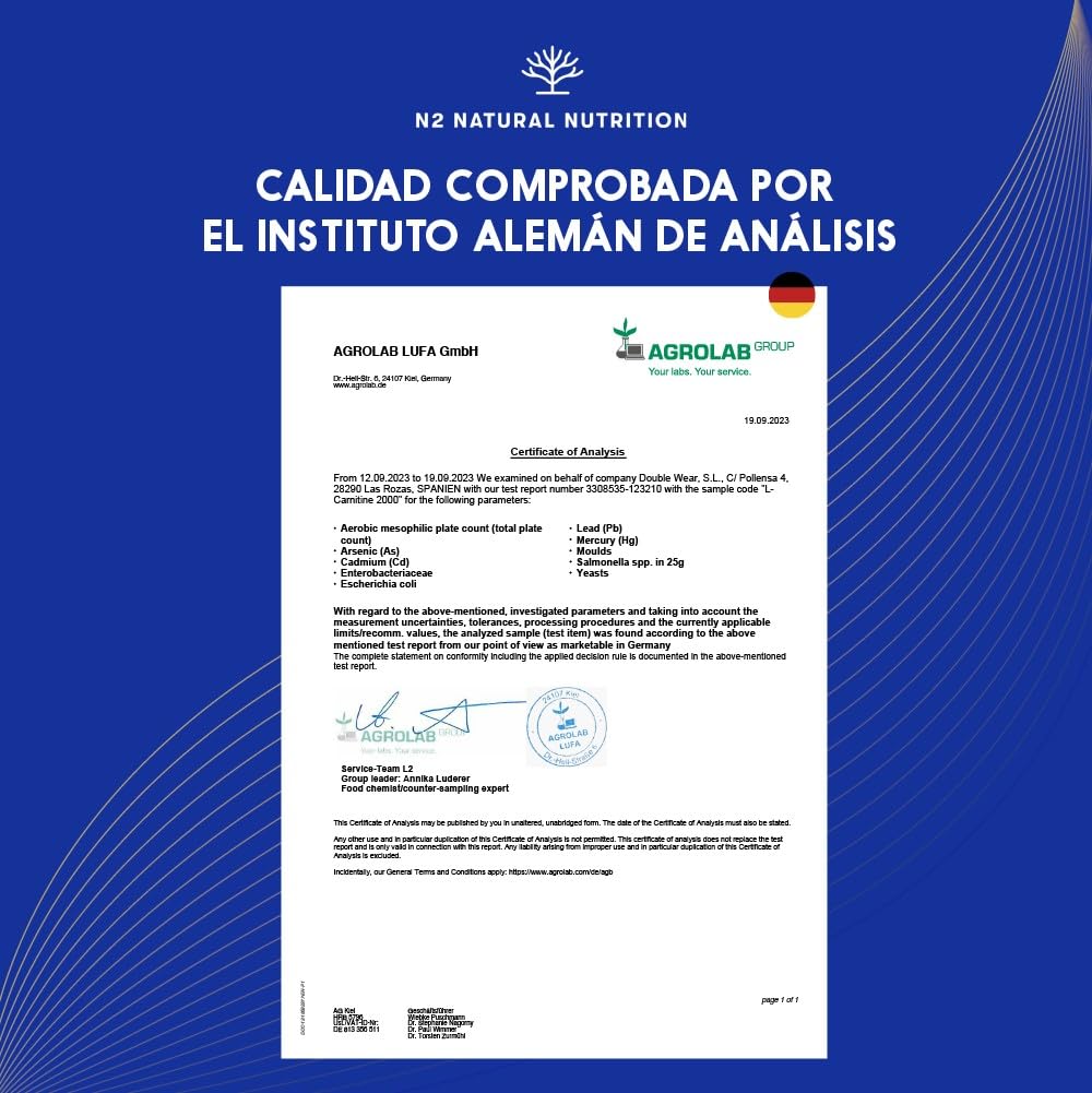 L CARNITINA 100% Natural 2000 mg, Quemagrasas Potente Para Adelgazar, 150 Cápsulas 75 días, Pre Workout Gym, Mejora Energía, Resistencia y Rendimiento. Sin Azucar. N2 Natural Nutrition