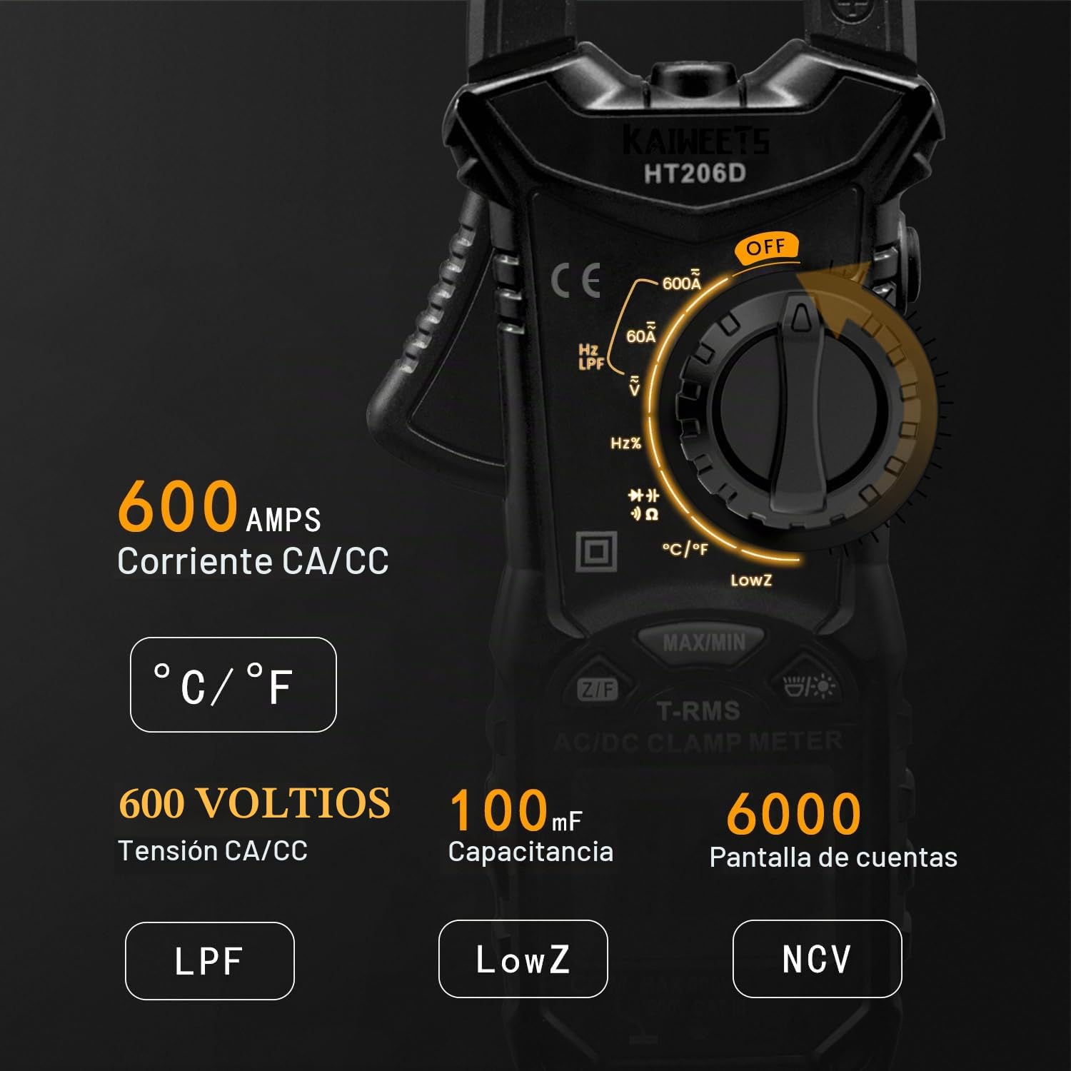 KAIWEETS HT206D Digital Pinza Amperimétrica Profesional para medir 600A CA/CC Corriente y Tensión con 6000 Cuentas, Valor Real, Autorango, NCV, Pinza de Capacitancia, Resistencia, Bateria