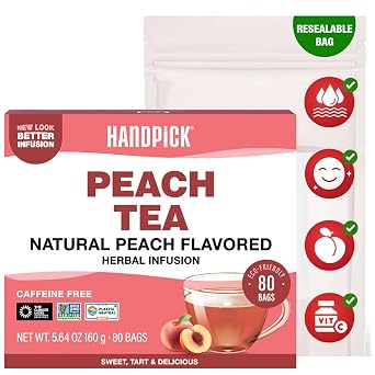 HANDPICK, Peach Tea Bags 80 Count Non-GMO, Caffeine-Free - Peach, Hibiscus, Cinnamon, Cloves, Ginger | Floral & Refreshing Herbal Tea Bags, Brew Iced Tea or Hot Tea