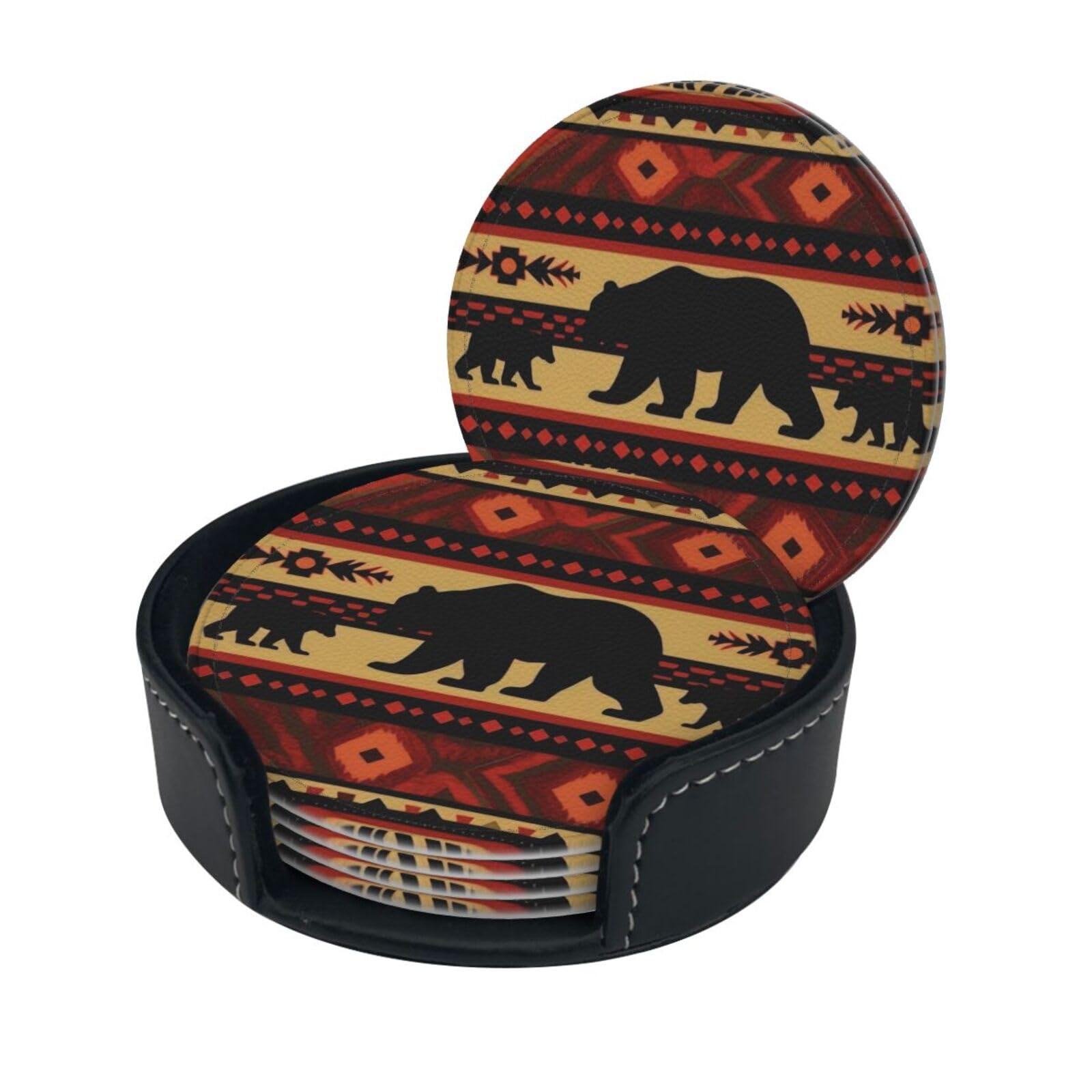Stylish Coasters - Bear Set of 6 Round Leather Drink Coasters with Holder - Perfect Size for Cups and Glasses