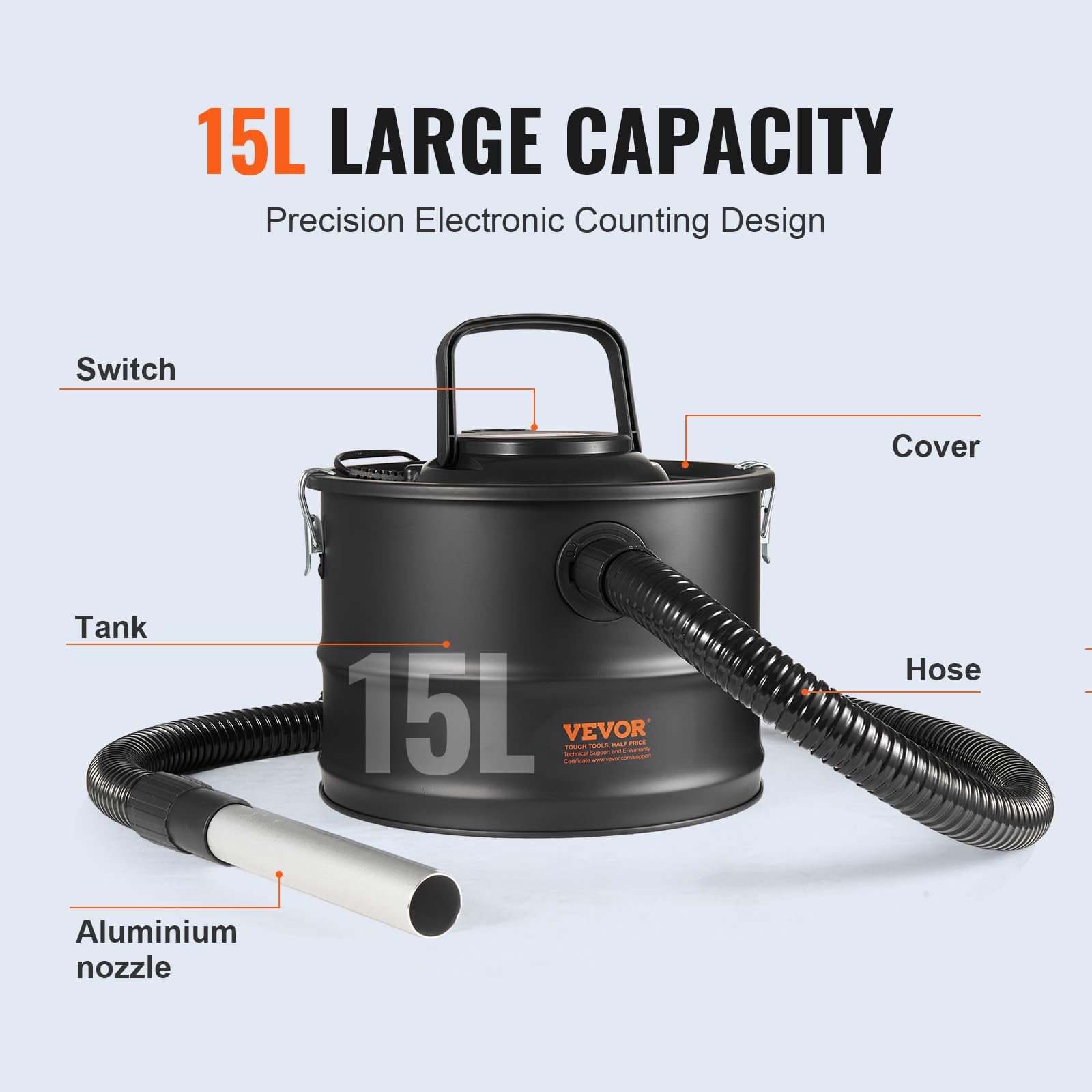 VEVOR Aspirador de Cenizas, 15 L, Potente Succión de 1200 W, con Succión Inversa, Cable de Alimentación de 3 m, 16 kPa de Aspiración Máxima, para Chimeneas, Estufas de Pellets, 320 x 315 x 250 mm