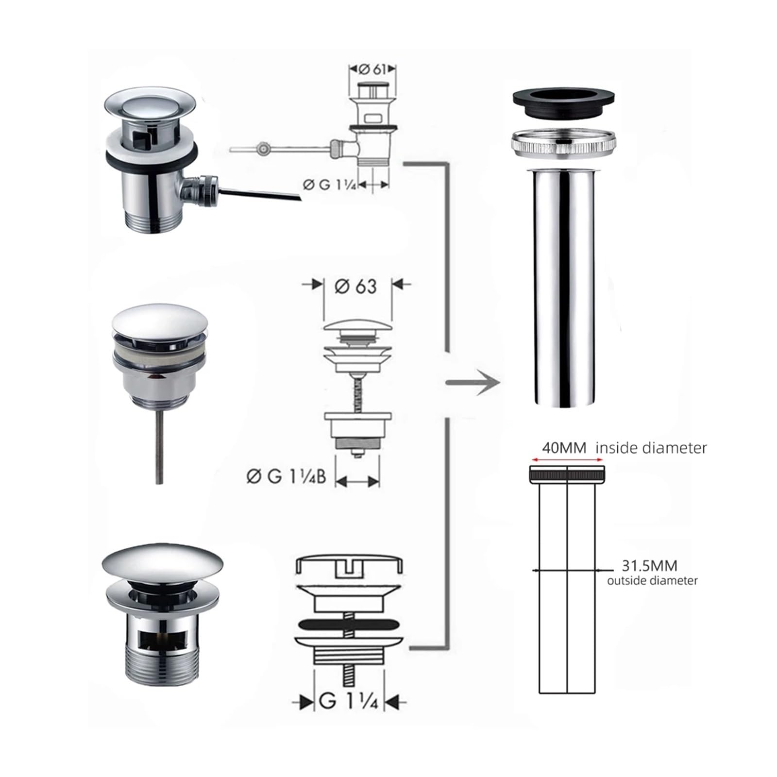 10-80 cm Formato Personalizzato Tubo di Scarico Bacino Bottiglia Sifone Scarico Lavandino del Bagno Pop Up Tubo Lunghezza Personalizzata Lavabo Allunga Prolunga del tubo(Chrome 800mm)