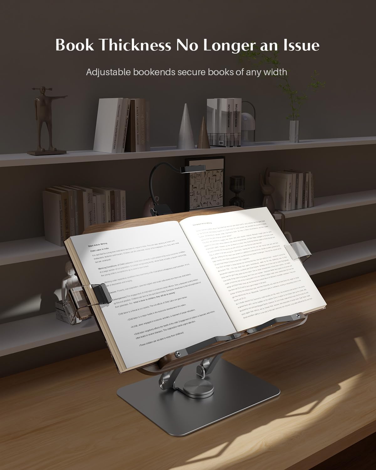 Book Stand for Reading,Adjustable Book Stand with Light,360° Rotating Metal Base,Foldable Cookbook Stand,Reading Hands Free with Page Clips for Recipe,Textbook,Laptop（3CCT & CRI 90）