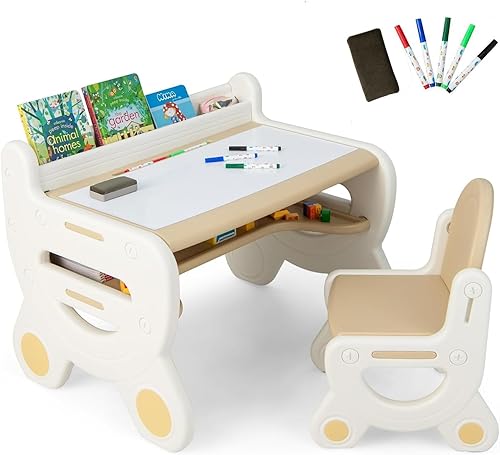 Costzon Juego de mesa y silla para niños, escritorio de actividades de plástico con pizarra blanca, bolígrafos de acuarela, borrador de pizarra y