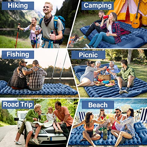 Double Sleeping Pad for Camping - Self Inflating 4" Extra-Thick for 2 Person with Pillow Built-in Foot Pump Inflatable Sleeping Mat for Backpacking, Hiking, Traveling, Tent