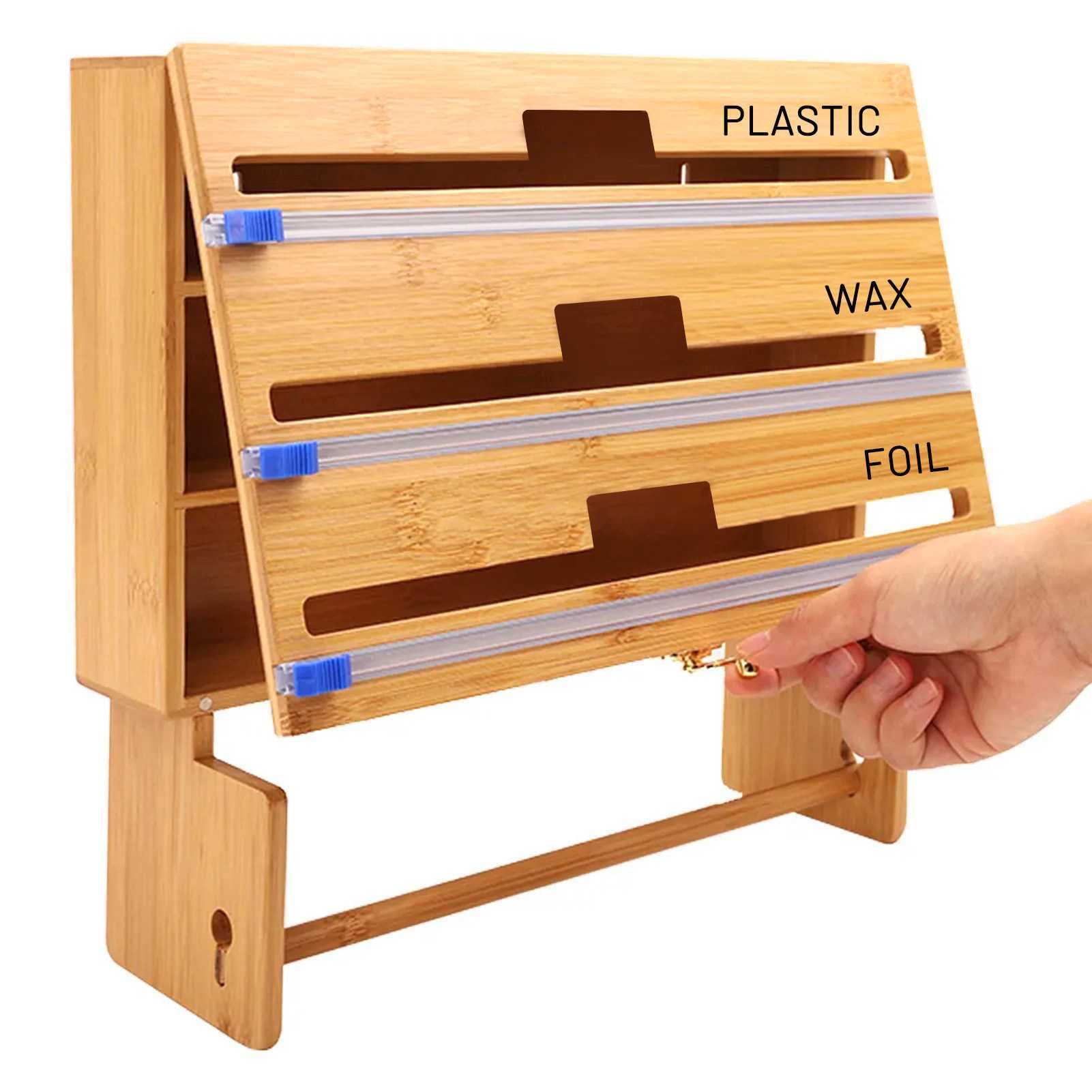 Distributeur de film alimentaire et coupe-film, distributeur de film plastique avec coupe-papier et étiquettes, organisateur 5 en 1 de feuille d'étain et de film plastique, support mural pour serviett