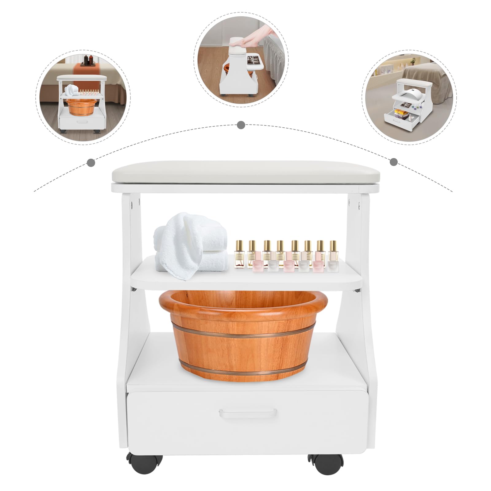 Carrito de salón con cojín, carrito de almacenamiento de 3 niveles para herramientas de manicura y pedicura, carrito para baños de pies, pedicura, accesorios de salón, hasta 50 kg, 52 x 41 x 55 cm