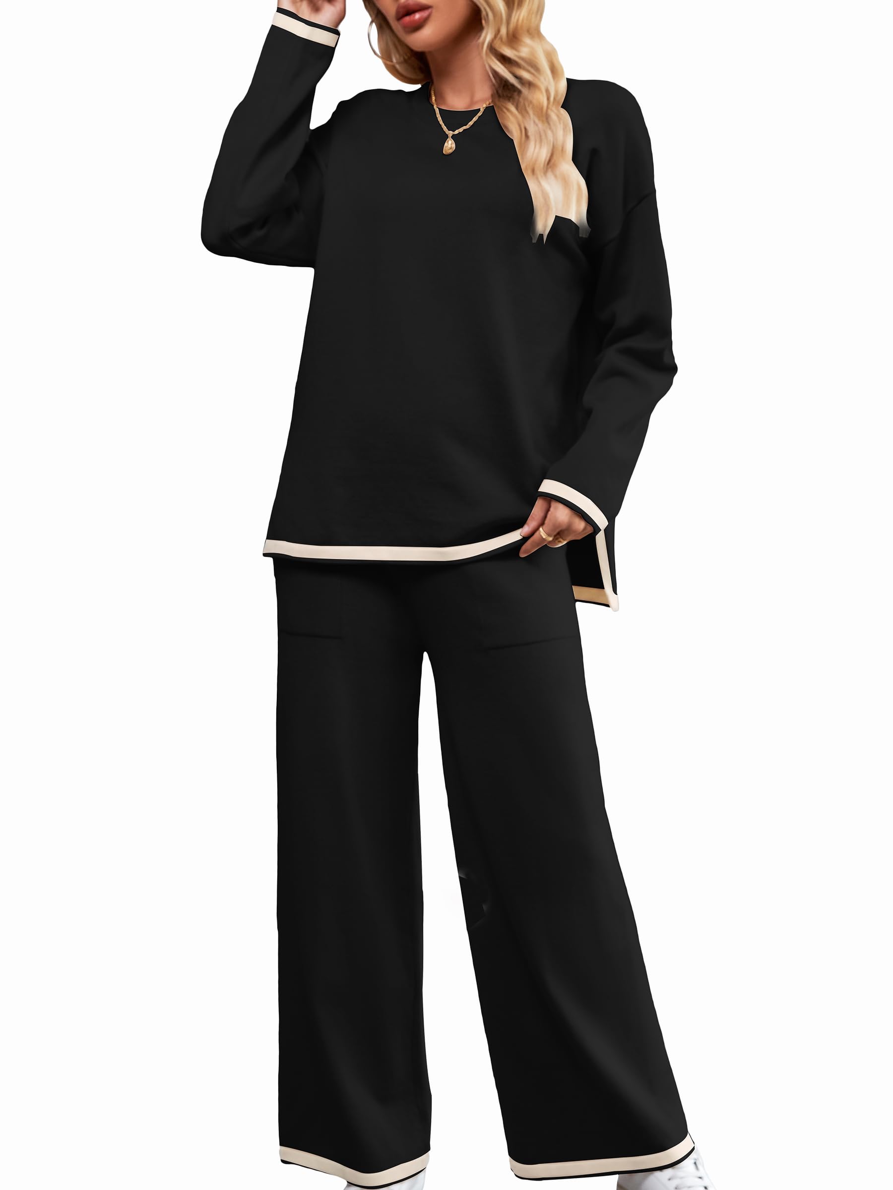 SuperPrity Lounge Sets for Women Long Sleeve Knit Two Piece Outfits Wide Leg Matching Sweater Set Sweaisuit Fall Fashion 2024