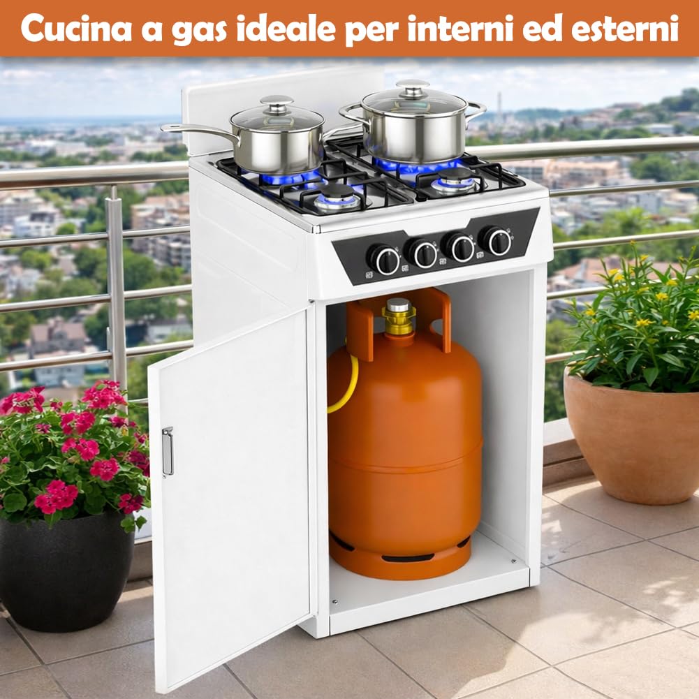 BAKAJI Cucina da Esterno con Piano Cottura 4 Fuochi a Gas, Mobile con Vano Portabombola Integrato Ideale per Esterni e Interni, Struttura Salvaspazio Robusta e Compatta con Paravento (Bianco)