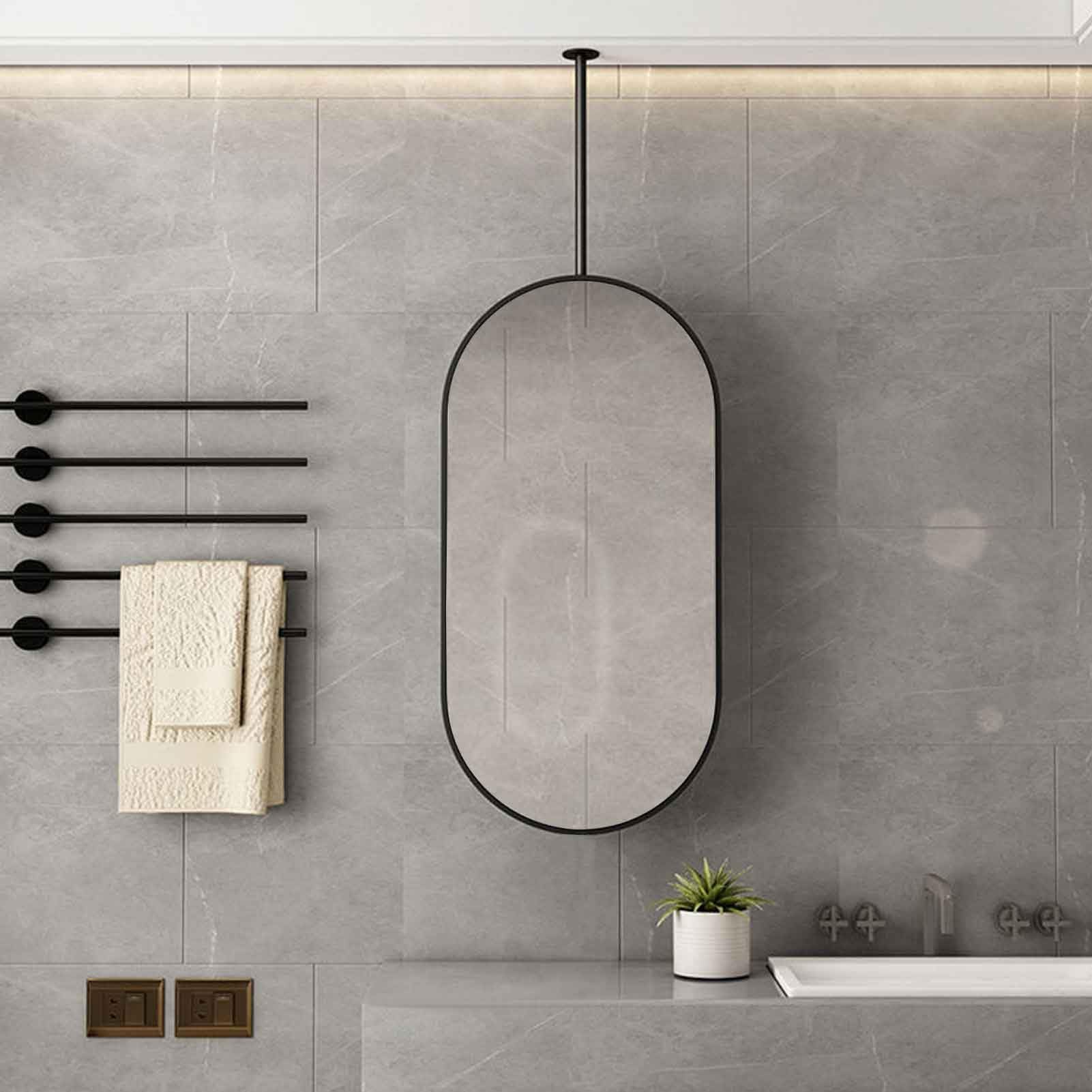 FGXHHS Oval Mirror, Vanity Ceiling Mounted Mirror w/Black Metal Frame and Rod Mirrors for Bathroom, Entryway, Over Sink, Living Room(50cmx100cm)