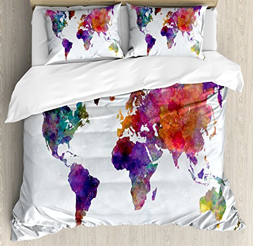 Ambesonne Watercolor Duvet Cover Set, Multicolored Hand Drawn World Map Asia Europe Africa America Geography Print, Decorative 3 Piece Bedding Set with 2 Pillow Shams, Queen Size, Gray Purple