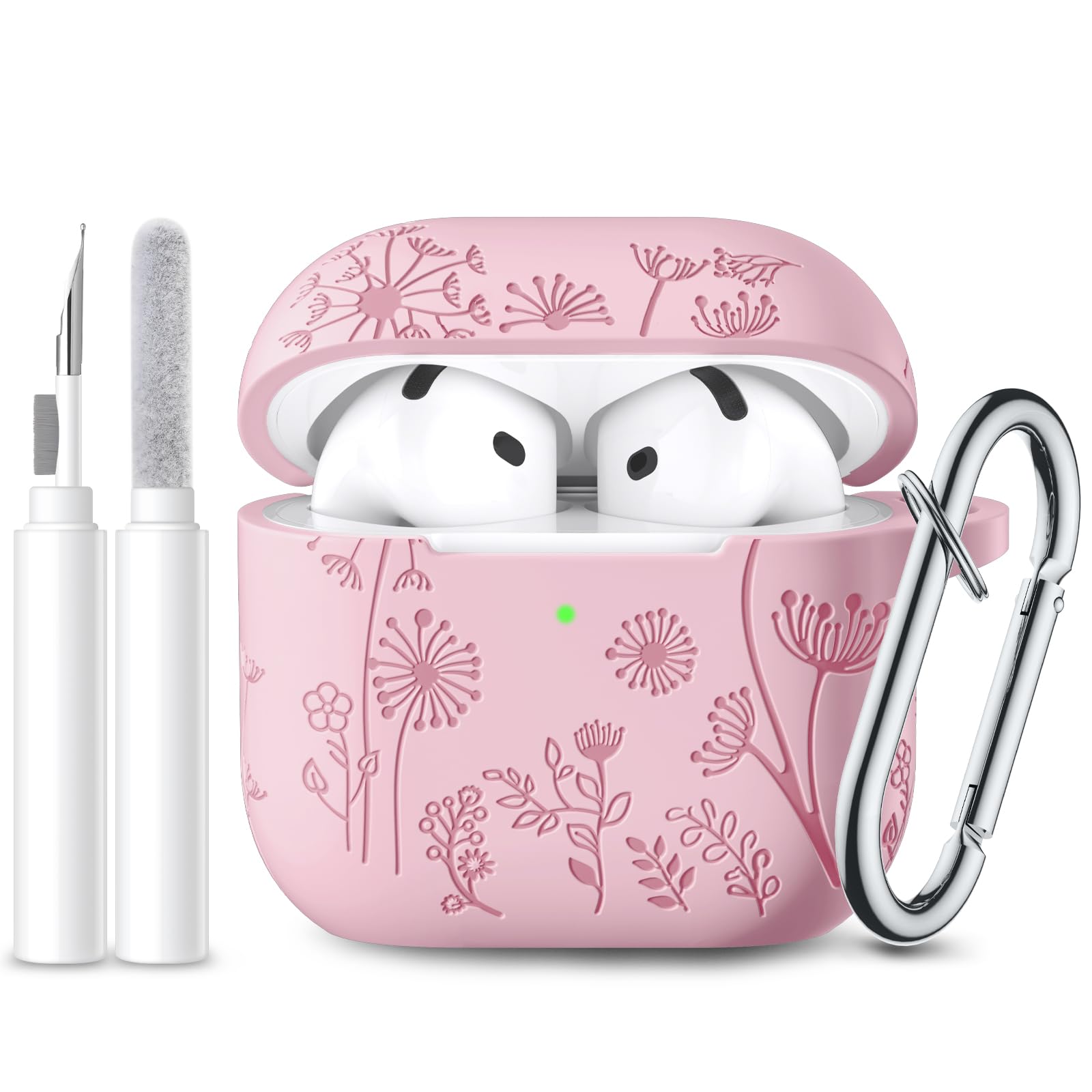 Lerobo for AirPods 4 Case with Cleaner Kit & Keychain, Pink | Flower Engraved Silicone Cover Compatible with Apple AirPod 4 Case Cute for Women, Scratchproof, Shockproof, Dustproof