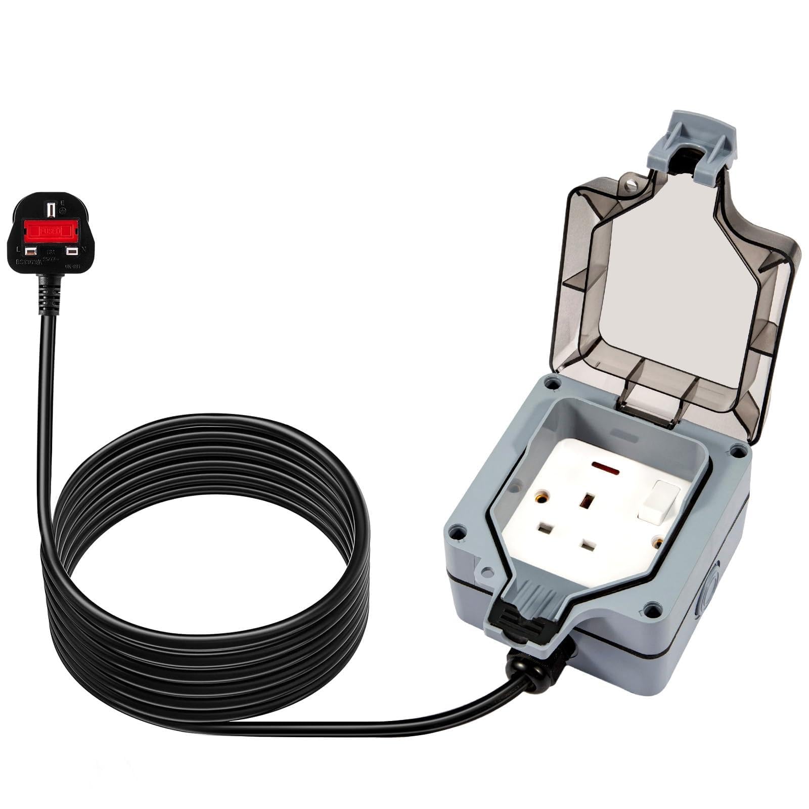 BLUE BAZAAR 2 Gang IP66 Outdoor Socket 13A with Extension Lead – Wall Mounting Weatherproof Switched Garden Power Outlet Box for Wall or External Use (Blue 20m)