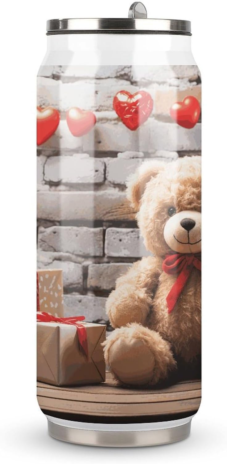 Stainless Steel Cups Cute Bear Valentine Gift Printed Coke Cup Stainless Steel Insulated Cups with Lid And Straw
