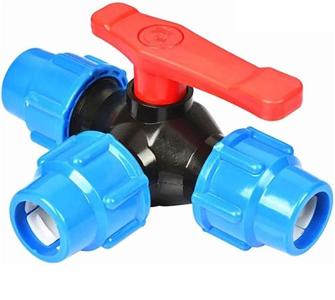 3-Way Ball Valve for PE Pipe, Plastic 3-Way Ball Valve for PE Pipe, Manual T-Type Valve Connector, Multicolor, 20-63mm(Blue,32mm)