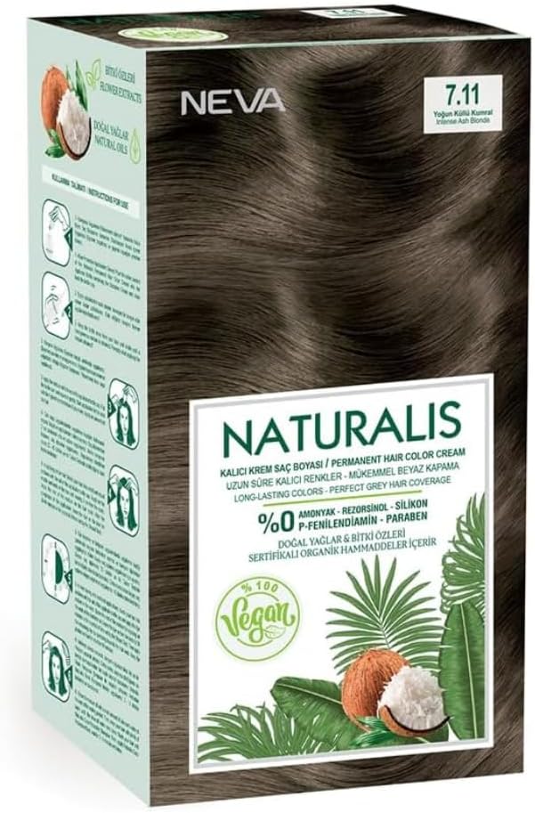 NEVA Naturalis Permanent Hair Dye Set, Vegan,100% Gray Coverage, Organic, No Harmful Chemicals, GMO-Free, Long-Lasting Shine - INTENSE ASH BLONDE - 7.11