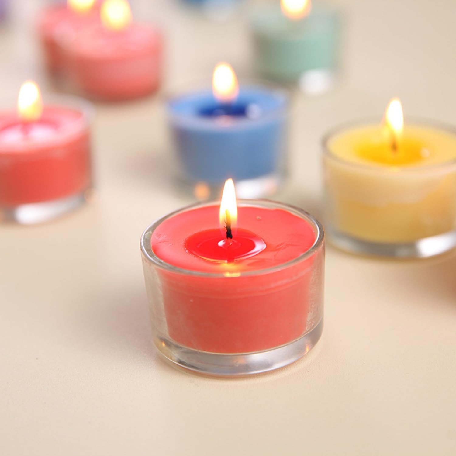 Round Glass Tealight Candles - 100PCS Silk Rose Petals & Long Burning multiple solid colored Scents - Ideal for Weddings, Anniversaries & Home Decor