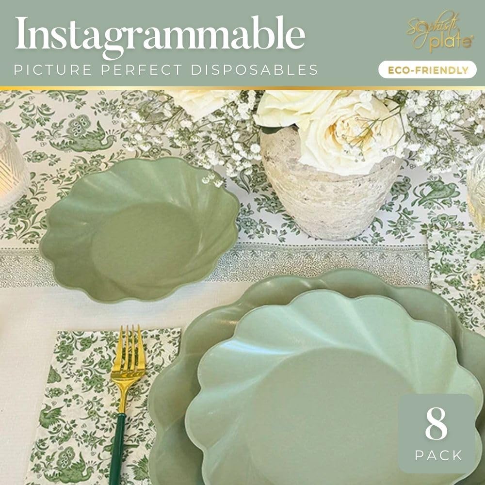 Sophistiplate Beautiful NEW Wavy Eco-Friendly Compostable Salad Plates - Made Of Bamboo Wood Fiber, and Sugarcane- biodegradable - Sturdy, 7.5 In, Sturdy & Heavy Duty - Pack of 8, Color Sage