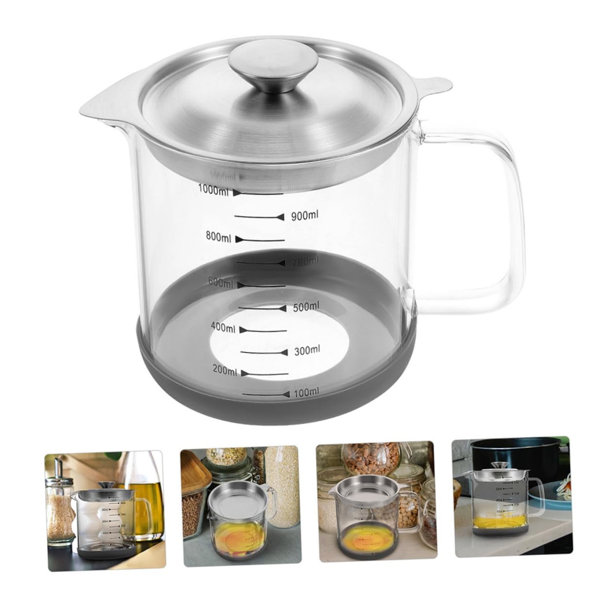 POPETPOP Passoire Métallique à Mailles Fines en Acier Inoxydable avec Récipient à Huile 1000ml pour Filtration et Stockage Cuisine avec Poignée Anti-brûlure