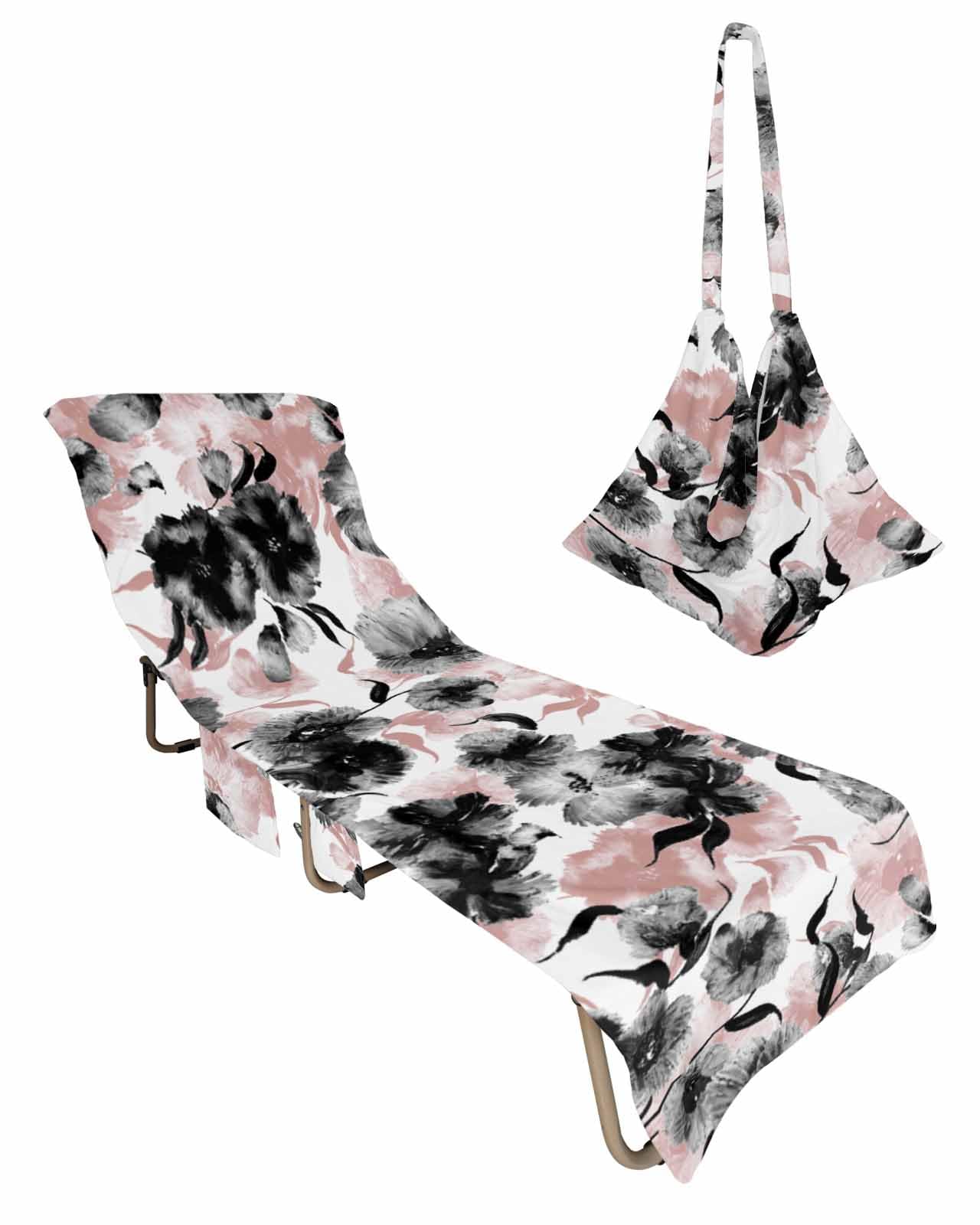 Red Botanical Beach Lounge Chair Towel Cover, Soft Chaise Lounge Towel with Side Pockets Patio Pool Chairs Cover for Beach/Pool Sunbathing 29x85 Watercolor Black Spring Summer Floral Elegant