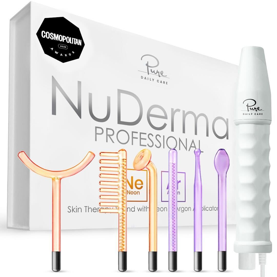 NuDerma Professional Skin Therapy Wand - Portable Handheld High Frequency Skin Therapy Machine with 6 Neon & Argon Wands - Acne Treatment - Skin Tightening - Wrinkle Reducing – Facial Skin Lifter