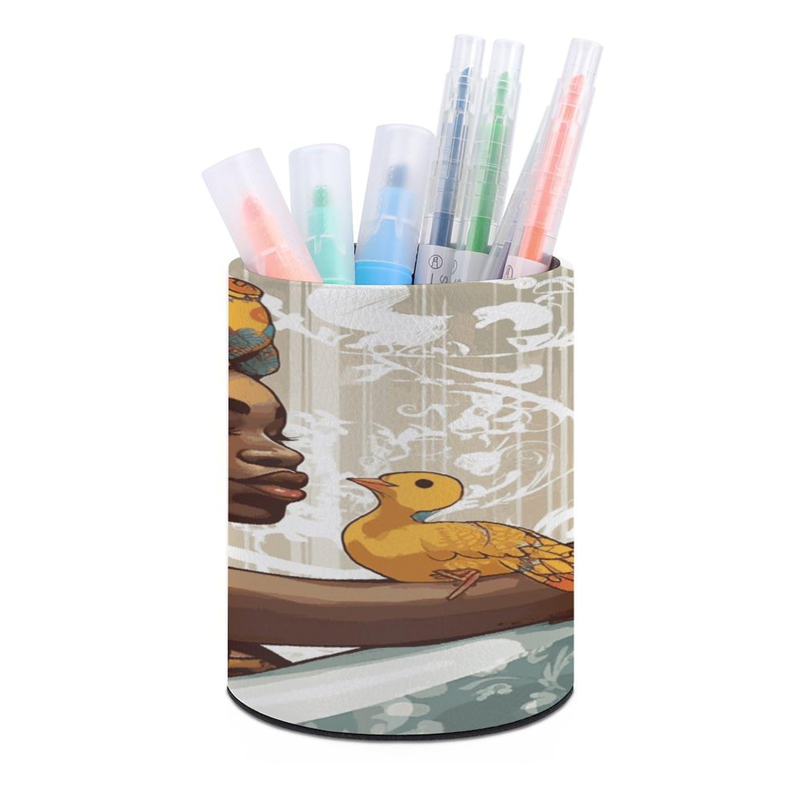 VstaDank African Girl Pen Holder Round Pencil Holder Cup Pen Container PU Leather Desk Organizer Stand Decor Brush Scissor Holders Decoration Office Desk Home (3.1 X 3.9 Inches)