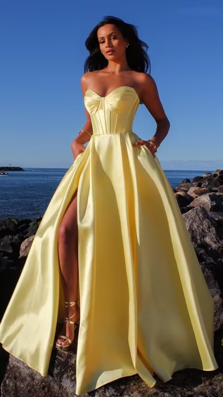 VOfuter Strapless Satin Prom Dresses for Women Floor-Length Side Slit Evening Party Dress