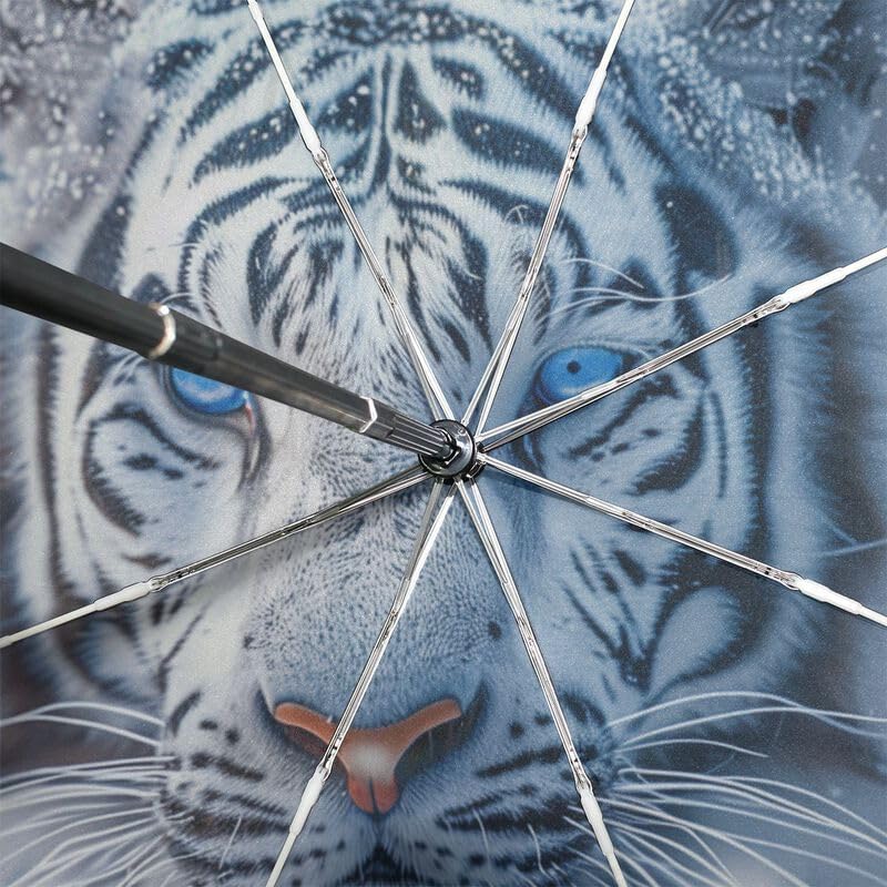 Compact Travel Umbrella White Tiger Windproof Folding Automatic Umbrella,One Touch Auto Open and Close Button Portable Light Umbrella for Women Men Kid
