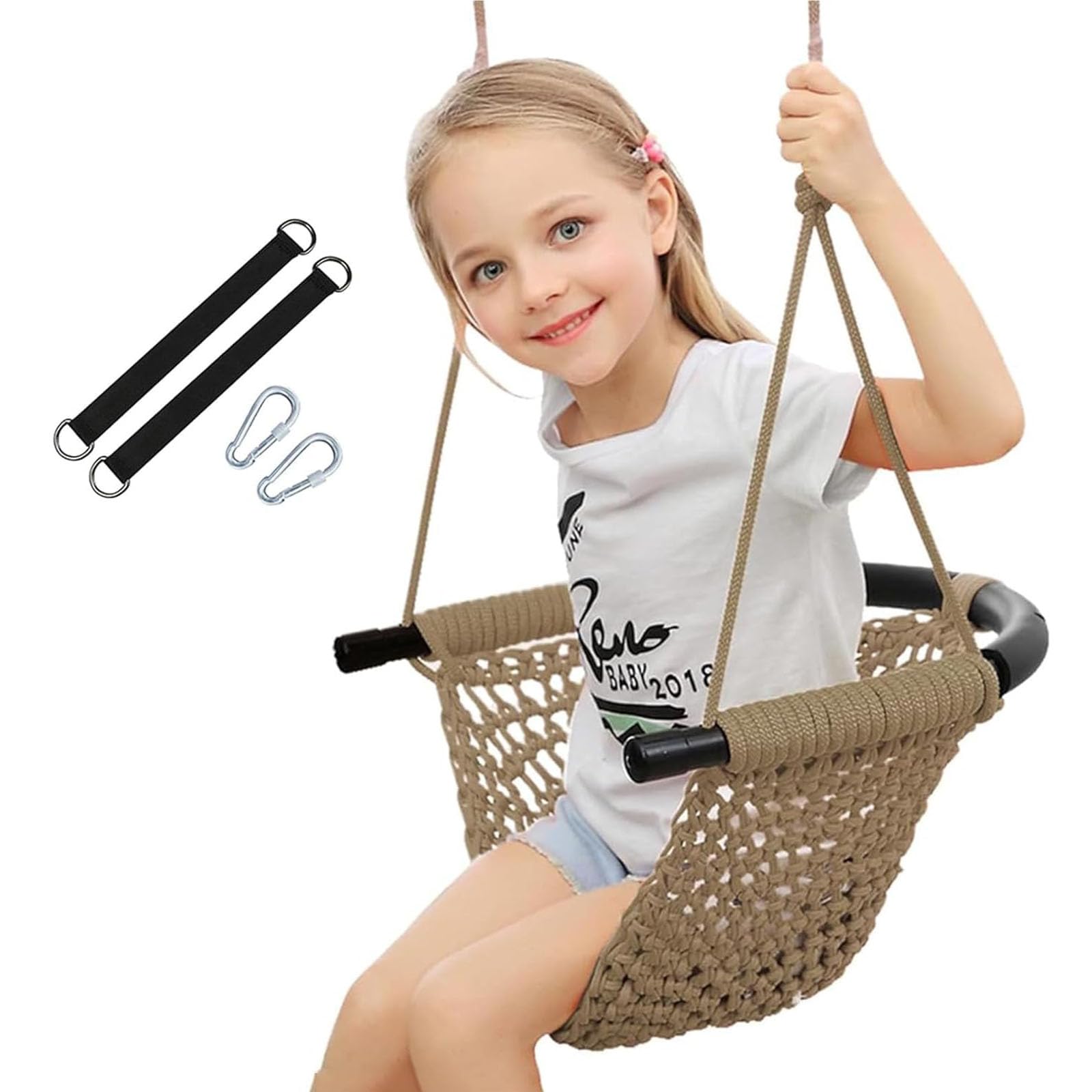 Handgestrickte Kleinkindschaukel, Schaukel für Kinder mit verstellbaren Seilen, Robustes, sicheres Seilschaukel-Set für drinnen, draußen, Spielplatz, Baum, 200 kg Tragkraft (Hellbraun)