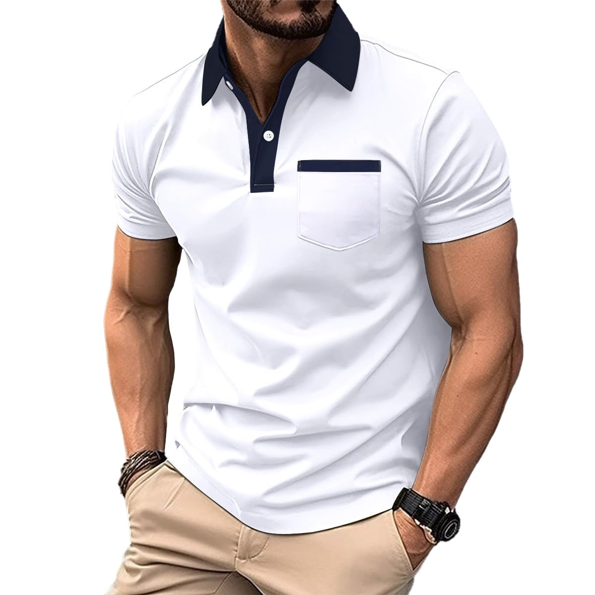Mens Casual Polo Shirts Short Sleeve Button Golf Slim Fit Shirt with Pocket & Collar Spring Summer Stylish Tops