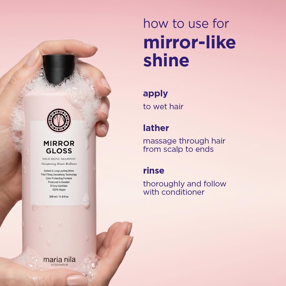 Maria Nila, Champú Mirror Gloss para cabello brillante y brillante, oligopéptidos de quinua se dirige a las hebras secas y opacas, mejorando el brillo y el reflejo de la luz, 100% vegano y libre de
