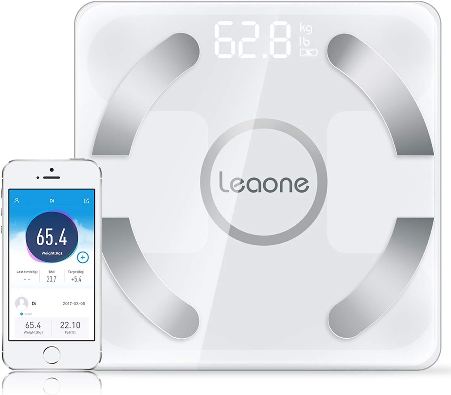 Leaone Bluetooth Body Fat Scale USB Rechargeable Smart Digital Bathroom Weight Scale Body Composition Analyzer with iOS and Android APP for Body Weight, Fat, Water, BMI, BMR, Muscle Mass, White